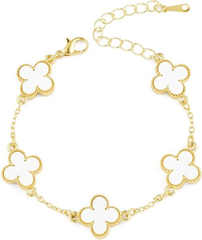 GYU 18K Gold Plated Clover Lucky Bracelet for Women, Flower Four Leaf Link Bracelets Trendy Jewelry Gifts for Women, White in Saudi Arabia