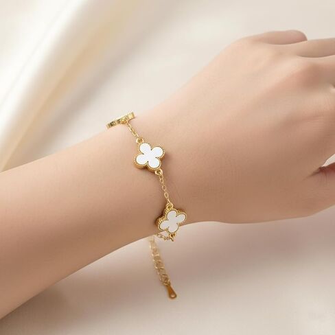 GYU 18K Gold Plated Clover Lucky Bracelet for Women, Flower Four Leaf Link Bracelets Trendy Jewelry Gifts for Women, White in Saudi Arabia