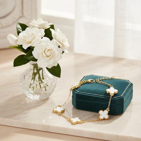 GYU 18K Gold Plated Clover Lucky Bracelet for Women, Flower Four Leaf Link Bracelets Trendy Jewelry Gifts for Women, White in Saudi Arabia