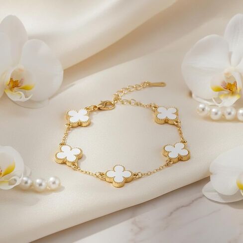 GYU 18K Gold Plated Clover Lucky Bracelet for Women, Flower Four Leaf Link Bracelets Trendy Jewelry Gifts for Women, White in Saudi Arabia