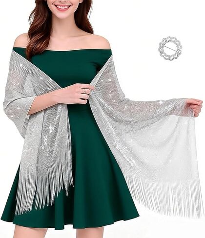 2pcs Silver Shawl Sparkly Shawls with Scarf Ring, Elegant Evening Wraps for Bridal and Bridesmaid, Lightweight and Soft in Kuwait