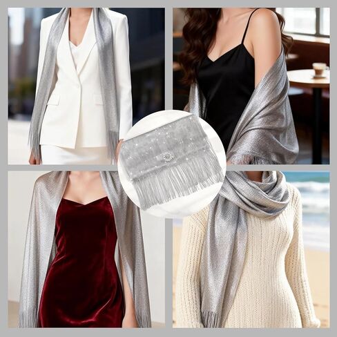 2pcs Silver Shawl Sparkly Shawls with Scarf Ring, Elegant Evening Wraps for Bridal and Bridesmaid, Lightweight and Soft in Kuwait
