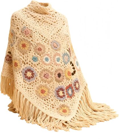 Handmade Crochet Granny Square Poncho & Boho Shawl in Beige & Black, Women's Vintage Tassel Scarf for Festival & Beach in Saudi Arabia