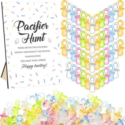 Thyle 51 Pcs Boho Baby Shower Games Include Boho Baby Pacifier Hunt Sign and 50 Acrylic Baby Pacifiers Mini Pacifiers for Rainbow Theme Baby Shower Game Gift Sets for Baby Gender Reveal in Saudi Arabia