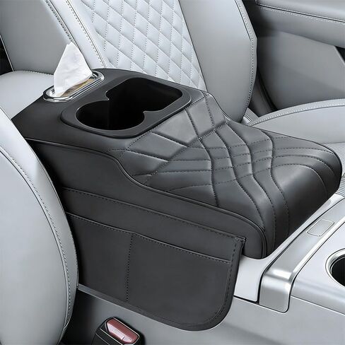Upgraded Car Center Console Cover,PU Leather Car Armrest Cover Cushion Contains High Elasticity Sponge with 2 Storage Bags Tissue Box (Black-A) in Saudi Arabia
