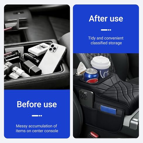 Upgraded Car Center Console Cover,PU Leather Car Armrest Cover Cushion Contains High Elasticity Sponge with 2 Storage Bags Tissue Box (Black-A) in Saudi Arabia