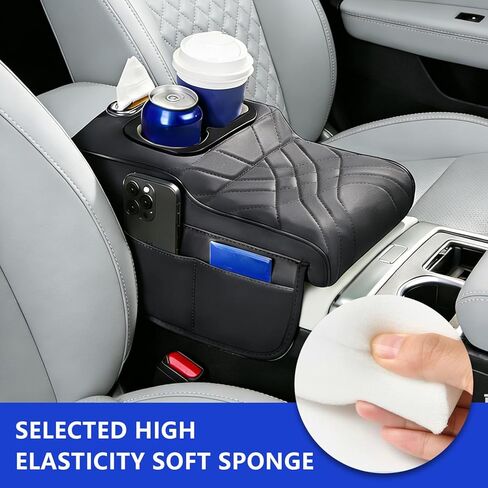 Upgraded Car Center Console Cover,PU Leather Car Armrest Cover Cushion Contains High Elasticity Sponge with 2 Storage Bags Tissue Box (Black-A) in Saudi Arabia