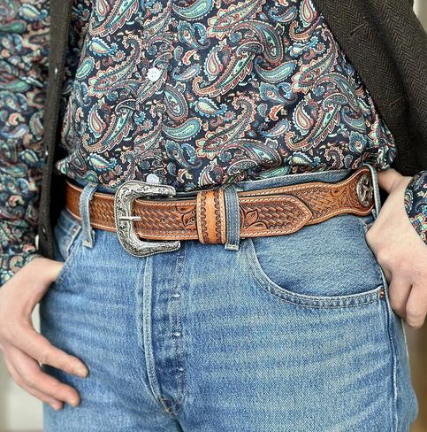 DANIEL'S ARTPLANET Men's Western Leather Belt Handmade Full Grain Leather Tooled Cowboy Belt with Removable Buckle 1.5" in Kuwait