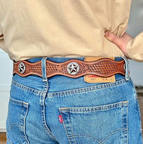 DANIEL'S ARTPLANET Men's Western Leather Belt Handmade Full Grain Leather Tooled Cowboy Belt with Removable Buckle 1.5" in Kuwait