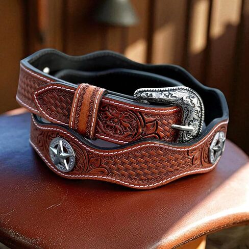 DANIEL'S ARTPLANET Men's Western Leather Belt Handmade Full Grain Leather Tooled Cowboy Belt with Removable Buckle 1.5" in Kuwait