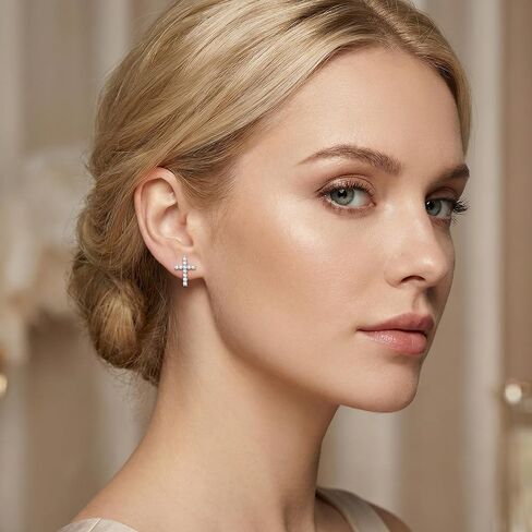 Sterling Silver 2/5 Cttw Lab Grown Diamond Cross Stud Earrings for Women Pave-Back in Saudi Arabia