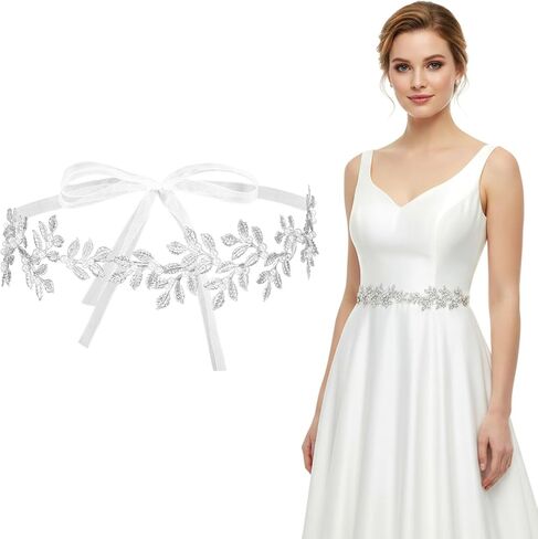 Wedding Dress Belt,Rhinestone Pearl Bridal Belt with White Organza,Sparkly Exquisite Silver Leaf Sash Belts for Formal Dress,Special Occasion in Saudi Arabia