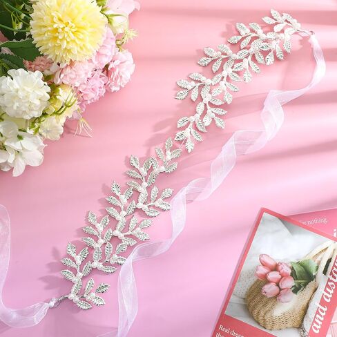 Wedding Dress Belt,Rhinestone Pearl Bridal Belt with White Organza,Sparkly Exquisite Silver Leaf Sash Belts for Formal Dress,Special Occasion in Saudi Arabia