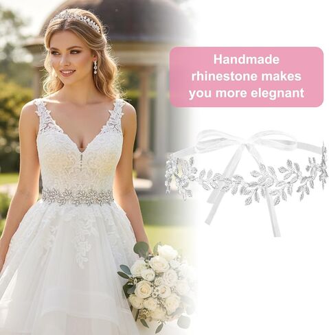 Wedding Dress Belt,Rhinestone Pearl Bridal Belt with White Organza,Sparkly Exquisite Silver Leaf Sash Belts for Formal Dress,Special Occasion in Saudi Arabia