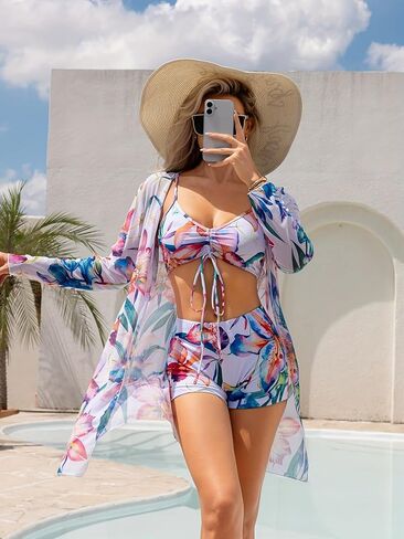 Women’s 3 Piece Swimsuit with Kimono Cover Up Drawstring Front Bikini Top High Waisted Boy Short Bottom in Saudi Arabia