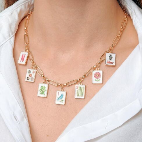 Unittype 10 Piece Mahjong Necklace Gifts Bulk for Women Gold Necklace Classic Patterns Accessories for Mahjong Lovers Mah Jong Gifts Bulk for Women Jewelry Party Favors in Saudi Arabia