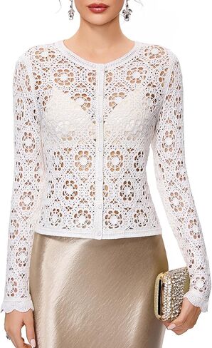 سترة كروشيه نسائية من FAIRY SEASON بخيط ذهبي، سترة محبوكة كلاسيكية مقصوصة لحفلات الحديقة وحفلات الزفاف in Kuwait