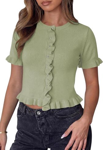 سترة حريمي بأكمام قصيرة من Balimtoy سترة صيفية بأزرار سفلية وحاشية مكشكشة وقميص سترة مقصوصة على شكل صدفي in Kuwait