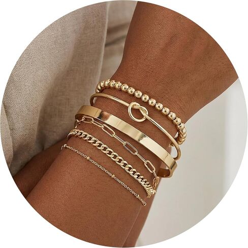jovivi 6pcs أساور الفولاذ المقاوم للصدأ للنساء الرجال الفضة / 14K مطلية بالذهب الخرز الحب عقدة الكفة مشبك الورق الكوبي ربط سلسلة سوار مجموعات مجوهرات هدايا قابل للتعديل in Saudi Arabia