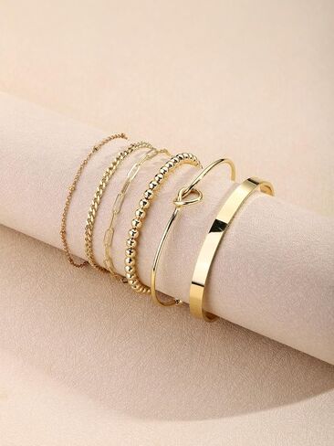 jovivi 6pcs أساور الفولاذ المقاوم للصدأ للنساء الرجال الفضة / 14K مطلية بالذهب الخرز الحب عقدة الكفة مشبك الورق الكوبي ربط سلسلة سوار مجموعات مجوهرات هدايا قابل للتعديل in Saudi Arabia