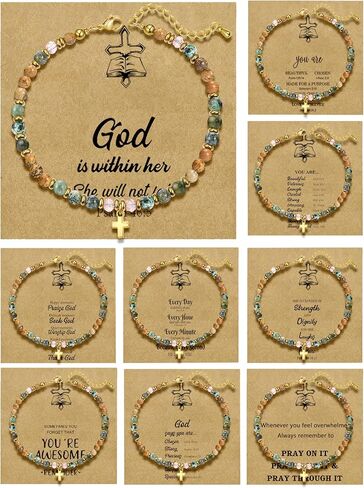 BROCC 9 قطع سوار الصليب المسيحي للنساء، مجموعة مجوهرات تأكيد المعمودية عيد الفصح، قابل للتعديل 4 مم شفاء الحجر الطبيعي مطرز الأساور in Kuwait