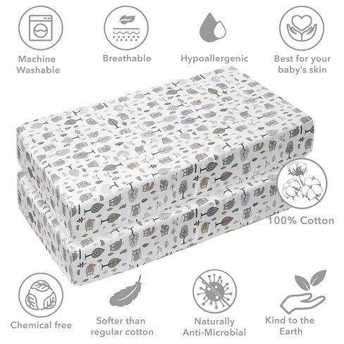 Bacati - 2 Pack Crib Fitted Sheets - Owls Neutral Beige/Grey Soft Breathable 100% Cotton Percale Baby Sheets - Fits Standard 28 x 52 X 5 inches Crib & Toddler Mattresses in Kuwait