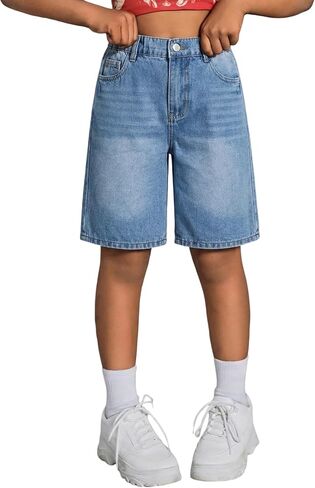 Girls Jean Shorts Baggy Wide Leg Washed Bermuda Denim Shorts Straight Leg Cute Summer Y2K Streetwear 7-14Y in Kuwait