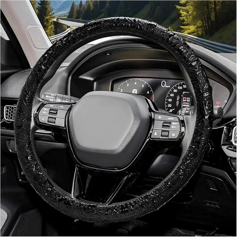 Leather Car Steering Wheel Cover, 15 Inch Crocodile Pattern Steering Wheel Wrap with Comfortable Grip, Anti-Slip Auto Wheel Protector Four Seasons Interior Decor for Vehicles (Black) in Saudi Arabia