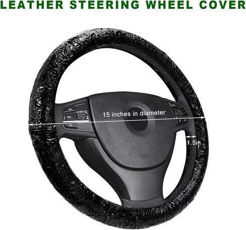 Leather Car Steering Wheel Cover, 15 Inch Crocodile Pattern Steering Wheel Wrap with Comfortable Grip, Anti-Slip Auto Wheel Protector Four Seasons Interior Decor for Vehicles (Black) in Saudi Arabia