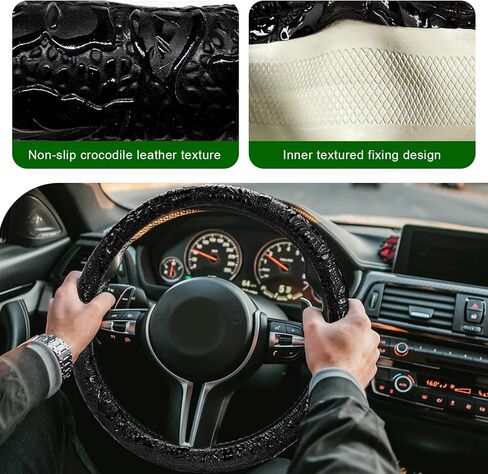 Leather Car Steering Wheel Cover, 15 Inch Crocodile Pattern Steering Wheel Wrap with Comfortable Grip, Anti-Slip Auto Wheel Protector Four Seasons Interior Decor for Vehicles (Black) in Saudi Arabia