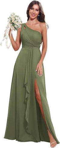 One Shoulder Bridesmaid Dresses for Women 2026 Long Chiffon Formal Wedding Guest Evening Dress with Slit in Saudi Arabia