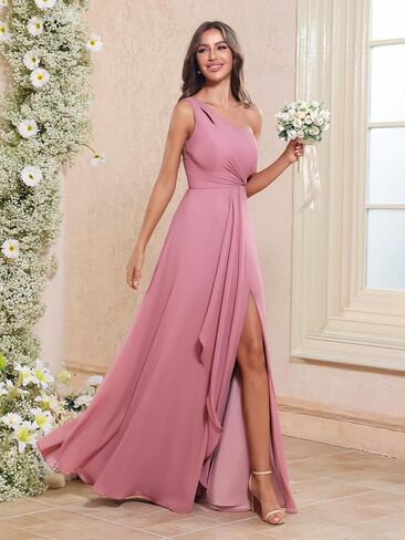 One Shoulder Bridesmaid Dresses for Women 2026 Long Chiffon Formal Wedding Guest Evening Dress with Slit in Saudi Arabia