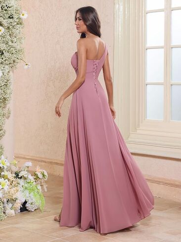 One Shoulder Bridesmaid Dresses for Women 2026 Long Chiffon Formal Wedding Guest Evening Dress with Slit in Saudi Arabia