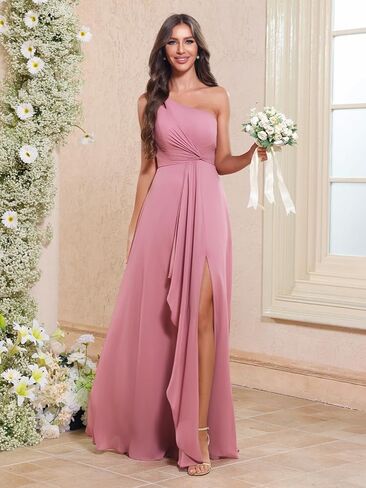 One Shoulder Bridesmaid Dresses for Women 2026 Long Chiffon Formal Wedding Guest Evening Dress with Slit in Saudi Arabia