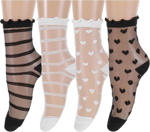 4 أزواج من الجوارب النسائية، جوارب شفافة مكشكشة سوداء من الدانتيل الرقيق شفاف من خلال القلب الشفاف in Kuwait