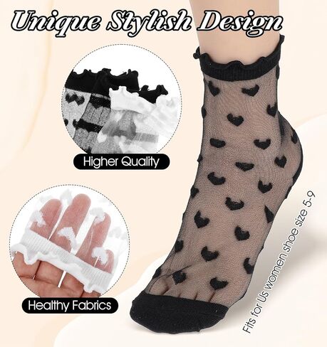 4 أزواج من الجوارب النسائية، جوارب شفافة مكشكشة سوداء من الدانتيل الرقيق شفاف من خلال القلب الشفاف in Kuwait