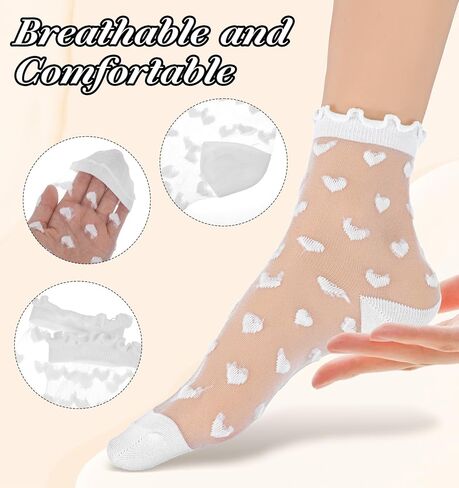 4 أزواج من الجوارب النسائية، جوارب شفافة مكشكشة سوداء من الدانتيل الرقيق شفاف من خلال القلب الشفاف in Kuwait