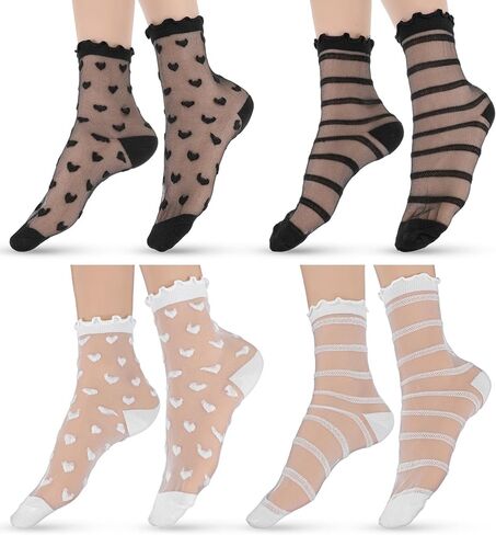 4 أزواج من الجوارب النسائية، جوارب شفافة مكشكشة سوداء من الدانتيل الرقيق شفاف من خلال القلب الشفاف in Kuwait