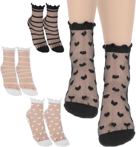 4 أزواج من الجوارب النسائية، جوارب شفافة مكشكشة سوداء من الدانتيل الرقيق شفاف من خلال القلب الشفاف in Kuwait