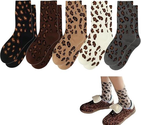 5PCS Leopard Socks Women, Leopard Print Sock for Women,Winter Warmth Fashion Styling, Home Lounging Gift-Giving Occasions, Black Grey Brown Red Khaki White in Kuwait