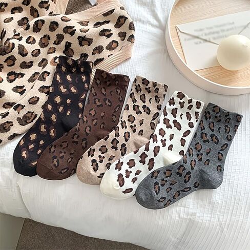 5PCS Leopard Socks Women, Leopard Print Sock for Women,Winter Warmth Fashion Styling, Home Lounging Gift-Giving Occasions, Black Grey Brown Red Khaki White in Kuwait