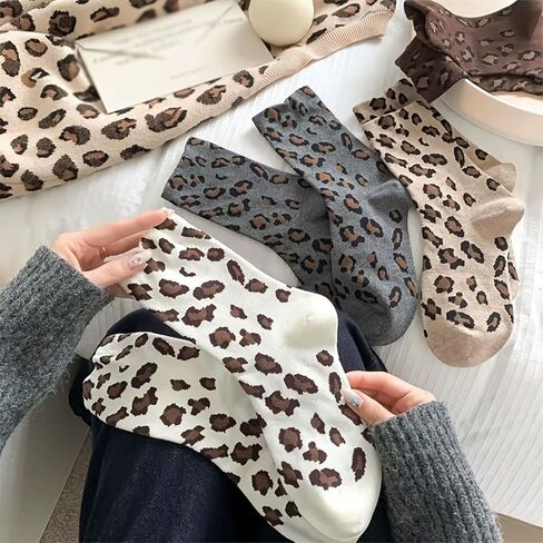 5PCS Leopard Socks Women, Leopard Print Sock for Women,Winter Warmth Fashion Styling, Home Lounging Gift-Giving Occasions, Black Grey Brown Red Khaki White in Kuwait