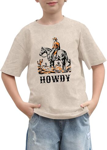 Boys Howdy Shirt Rodeo Western Graphic Letter T-Shirt Kids Toddler Funny Cowboy Country Acid Wash Tees Tops in Saudi Arabia