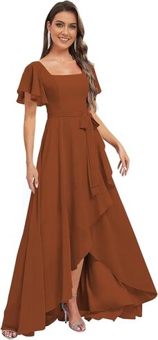 Monvelli Asymmetrical Chiffon Flutter Sleeve Bridesmaid Dresses for Women Square Neck Formal Gowns with Pockets in Kuwait