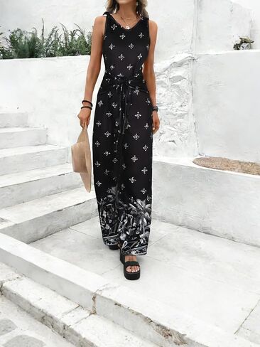 Women's Sleeveless Jumpsuit - Vintage Floral Print Tie-Waist Wide-Leg Romper, Casual Summer Outfit in Saudi Arabia