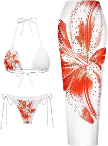 Womens 3pcs Swimsuit Floral Print Bikini Sets with Beach Cover Up Apron-wrap Skirt Triangle Bikini Top in Saudi Arabia