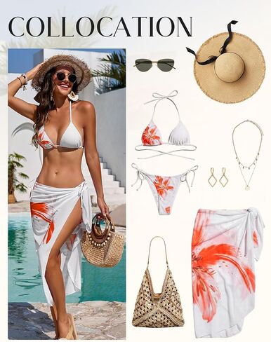 Womens 3pcs Swimsuit Floral Print Bikini Sets with Beach Cover Up Apron-wrap Skirt Triangle Bikini Top in Saudi Arabia