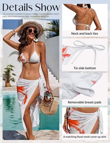 Womens 3pcs Swimsuit Floral Print Bikini Sets with Beach Cover Up Apron-wrap Skirt Triangle Bikini Top in Saudi Arabia