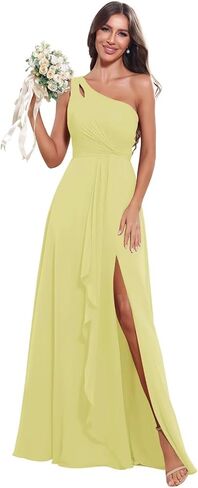 One Shoulder Bridesmaid Dresses for Women 2026 Long Chiffon Formal Wedding Guest Evening Dress with Slit in Saudi Arabia