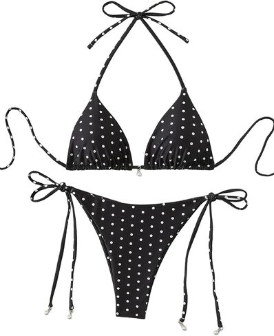 Tainehs Women's Polka Dot Triangle Bikini Set Halter Neck Tie Side Two Piece Swimsuits with Pearl Details Bathing Suit in Kuwait